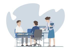 woman on office environment have discussion sitting in front of her customer service client next to coworker hand a document standing next to her boss with grey background vector