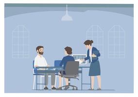 woman on office environment have discussion sitting facing her customer service client next to co worker hand a document standing next to her boss with grey background vector