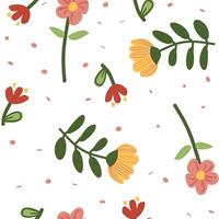 White background with a scattered pattern of red, pink, and yellow flowers with green stems, accented by small pink dots, ideal for nature-inspired designs. vector