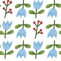 White background with a repeating pattern of blue flowers with green stems and red heart-shaped buds, ideal for romantic floral-themed decor. vector