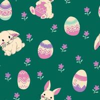 Green background with a scattered pattern of bunnies holding eggs, purple flowers with green stems, and pastel eggs with zigzag designs, perfect for Easter decor. vector