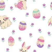 White background featuring bunnies holding eggs, blue flowers with green stems, and scattered dots, ideal for a whimsical Easter design. vector
