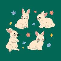 Green background featuring four bunnies surrounded by blue and pink flowers with scattered dots, ideal for a playful spring design. vector