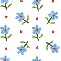 White background with a scattered pattern of blue flowers with green stems and small red hearts, ideal for romantic decor. vector