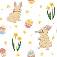 White background with a scattered pattern of bunnies, pastel eggs with zigzag designs, yellow daffodils, and small star shapes, perfect for Easter decor. vector