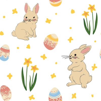 White background with a scattered pattern of bunnies, pastel eggs with zigzag designs, yellow daffodils, and small star shapes, perfect for Easter decor.