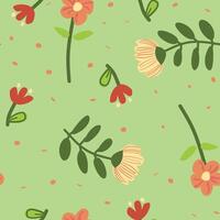 Light green background featuring a scattered pattern of red, pink, and white flowers with green stems, accented by small pink dots, perfect for a fresh floral design. vector
