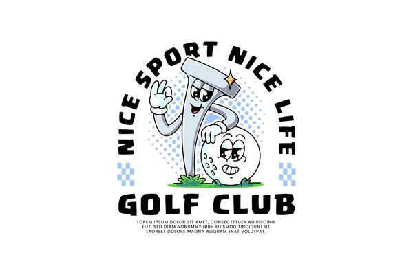 golf pin and ball retro cartoon character mascot illustration with standing and leaning on each other and showing ok hand for golf golfer golfing sport club mascots and merchandise