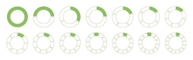 Circles divided diagram 1, 2, 3, 10, 7, 8, 9, 10, 11, 12, 14 equal parts. Coaching blank. Round template. Graph pie, pizza shaped sectional charts. Segmented green wheels icons. Divide infographic. vector