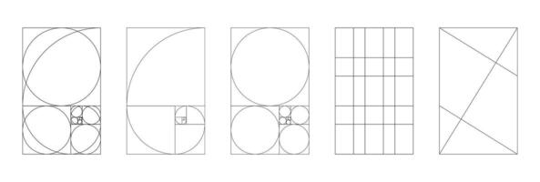 Set of Golden ratio flat template. Method golden section mockup. Fibonacci array, numbers shapes. Harmony minimal proportions. Outline graphic illustration. vector