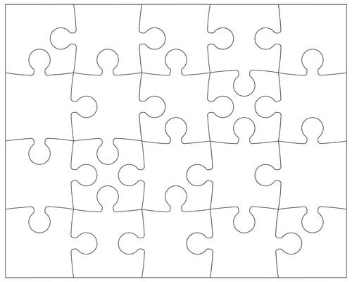 Puzzle pieces rectangle printable contour isolated on a white background. Jigsaw puzzle game template with angles. Outlines puzzle pieces, adjustable and editable minimalist mockup.