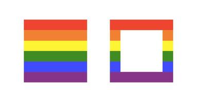 Rainbow flag backdrop. Gay pride frame. Progress Logo symbols mockup. LGBT square icons. Set of stickers in rainbow colors. Rectangular badge, button, background. Flat template design. vector