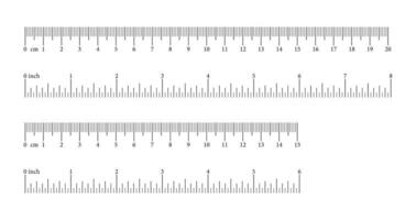 Scale 6,8 inches, 15, 20 centimeters, markup, numbers. Distance, height, length measurement, sewing tool mockup. Set of measuring charts, metric, imperial units minimal templates. vector