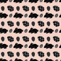 Repeating seamless pattern with black Easter bunnies silhouettes and decorative Easter eggs on a soft beige background. Perfect for wrapping paper, wallpaper, and gift box decorating. vector