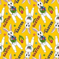 Playful seamless pattern featuring adorable anthropomorphic characters - Easter bunnies holding tulips and decorated eggs on a yellow background. Perfect for wrapping paper or wallpaper. vector
