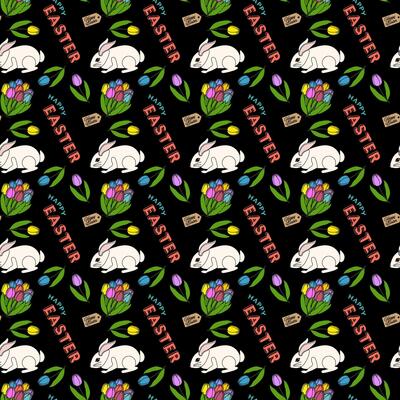 Colorful seamless pattern featuring white rabbits or Easter bunnies, tulips, festive text, and decorative elements on a black background. Perfect for wrapping paper, wallpaper, or gift box decorating.