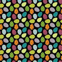 Vibrant seamless pattern of painted Easter eggs in various colors and designs on a black background. Flat style. Perfect for wrapping paper, wallpaper, and gift box decorating. vector