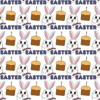 Seamless pattern featuring anthropomorphic characters - Easter bunnies eggs faces, festive Easter cakes, and - Happy Easter - text. Perfect for wrapping paper, wallpaper, and gift box decorating. vector