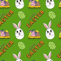 Seamless pattern of anthropomorphic characters - Easter bunnies eggs, Easter egg baskets, and decorative eggs on a green background. Perfect for wrapping paper, wallpaper, and gift box decorating. vector