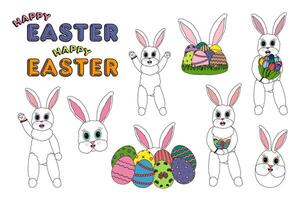 A festive Easter set featuring adorable anthropomorphic, characters white Easter bunnies, stack ornate eggs, spring flowers tulips, and - Happy Easter - text. vector