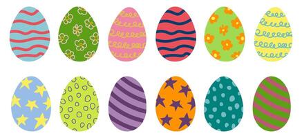 A set of twelve vibrant Easter eggs with unique patterns, including stripes, stars, flowers, and abstract designs. Egg collection. Perfect for seasonal crafts. vector