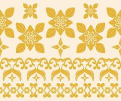 Elaborate Exotic Medieval Gold Flowers on Light Beige. Background. Seamless Border with Luxury Ornament Scroll and Geometric Combination Abstract Nature Form Design for Stripe Interior Wallpaper Silk vector