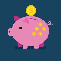 Cartoon piggy bank, pink pig, golden coins, dollar symbol, savings concept, flat design, vibrant colors, navy blue background, simple illustration, financial icon, money management vector