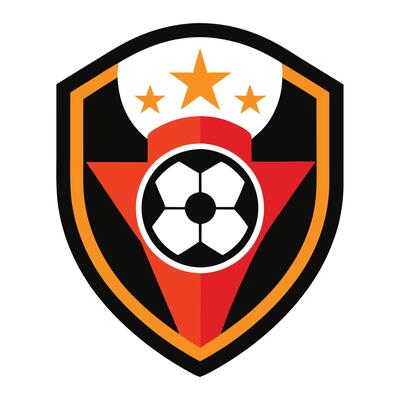 Soccer team logo, shield shape, black background, red triangle, white soccer ball, orange stars, geometric design, sports emblem, minimalist style, bold colors, graphics