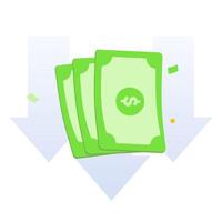 Deflation concept, with three green dollars paper money and three down arrows. money decrease concept. Financial concepts and financial investment business stock decline. suitable for UI illustration vector