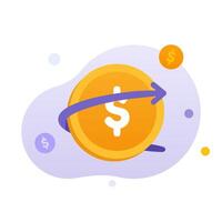 Money rotation, currency exchange, money flow and cycle illustration concept. Yellow and purple dollar coin and rotate a single arrow. Finance concept illustration. suitable for UI illustration vector