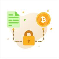 Bitcoin blockchain crypto currency digital security encryption concept. bitcoin with security paper linked to the padlock. blockchain system. peer-to-peer electronic cash system. vector