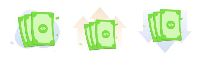 Inflation concept, with three-dollar paper money and up arrows. Deflation concept with paper money and down arrows. Three paper dollars money. green dollar paper currency. vector