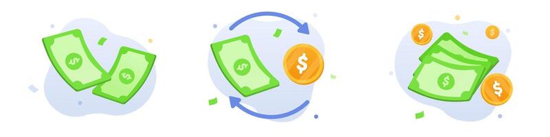 Double paper dollar with other small paper around it. Three paper dollar money and dollar coins around it. Money cycle, currency exchange, money flow illustration concept vector
