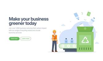 The landing page features an eco-conscious worker who recycles machine processing bottles, which is perfect for environmentally-focused websites and sustainability campaigns. vector