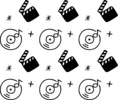 Seamless black and white pattern featuring music and movie elements vector