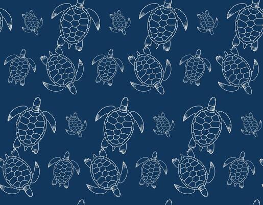 Seamless blue and white pattern with sea turtle design