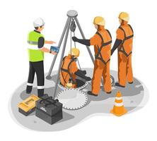 Team of industrial workers performing confined space entry inspection with safety equipment and supervisor monitoring data on tablet isometric vector