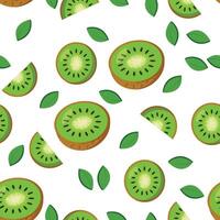 Seamless kiwi pattern with green slices and leaves on a white background. Perfect for packaging, textiles, wallpapers, and summer-themed projects vector