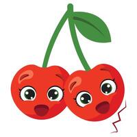 Bright twin cherries with expressive eyes and smiling faces, ideal for childrens materials, healthy eating themes, fruit labels, and fun summer designs vector
