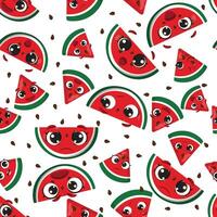 Seamless pattern of cute watermelon slices with expressive faces and seeds on white background, ideal for kids products, textiles, packaging or summer designs vector