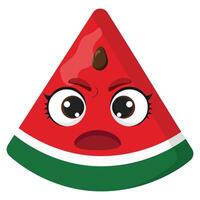 Angry watermelon slice with expressive face, big eyes and open mouth, perfect for kids materials, food-related designs and character-based visuals vector