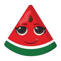 Smiling watermelon slice with expressive eyes and gentle blush, great for summer designs, childrens content, packaging and healthy lifestyle visuals vector