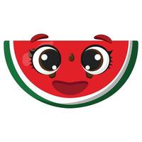 Smiling watermelon slice with shiny big eyes and happy face, ideal for kids projects, summer themes, food packaging, or playful branding vector