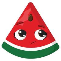 Watermelon slice with sad facial expression and big eyes, ideal for food-related designs, childrens content, summer projects and educational illustrations vector