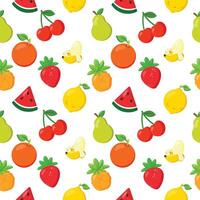 Colorful seamless fruit pattern with cherries, oranges, bananas, watermelons, and strawberries on a white background. Ideal for packaging, fabric, and summer designs vector