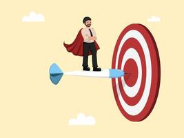 Confident Businessman Standing on Dart Hitting Target Bullseye Representing Business Success and Goal Achievement. vector