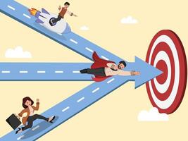 Team of Business Professionals Advancing Toward Target on Arrow Paths Concept of Collaboration, Goal Setting, and Career Success. vector