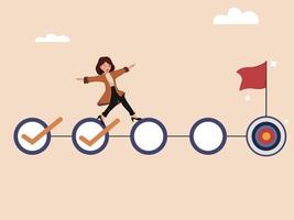 Businesswoman Walking on Progress Timeline with Checkpoints Leading to Target Flag Representing Goal Achievement and Success Path vector