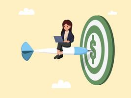 Businesswoman Sitting on Dart Flying Toward Dollar Target While Working on Laptop Representing Financial Goals, Investment Strategy, and Remote Success. vector