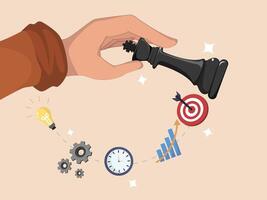 Business Strategy and Decision-Making Illustration Featuring Hand with Chess Piece and Icons of Growth, Productivity, and Target Success. vector